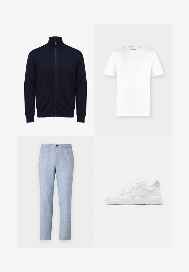 Marineblauer Full-Zip-Pullover mit hohem Kragen und langen Ärmeln, gerippten Bündchen und Saum, auf weißem Hintergrund dargestellt.; Schlichtes weißes T-Shirt mit kurzen Ärmeln und rundem Ausschnitt, vorne gezeigt vor hellem grauem Hintergrund ohne sichtbare Logos.; Hellblaue Leinenhose mit geradem Schnitt, elastischem Bund mit Knopfverschluss und ohne sichtbare Taschen.; Weiße Leder-Sneaker mit glatter Oberfläche, rundem Zehenbereich, flachen Schnürsenkeln und strukturiertem Schuhsohlen. Graues Wildleder-Detail an der Ferse.