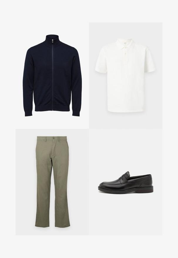 Pull bleu marine avec fermeture éclair intégrale, col montant et manches longues, poignets et ourlet côtelés, présenté sur fond blanc.; Chemise polo blanche en coton avec un col classique, des manches courtes, une patte de boutonnage à deux boutons et un tissu texturé subtil.; Pantalons décontractés verts olive en tissu doux. Présentent une coupe droite, des poches avant et une fermeture à bouton. Aucun motif visible.; Mocassins en cuir noir avec un détail de couture à l'avant, deux sangles horizontales sur le dessus, et un talon en bois. Texture lisse et forme arrondie.