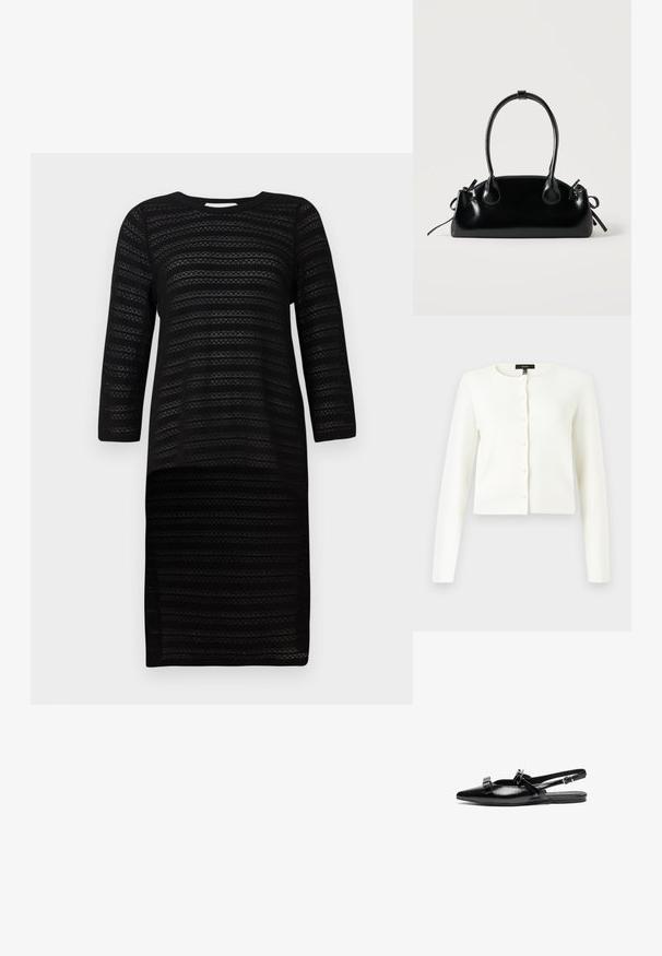 Cardigan cropped à manches longues blanc avec un col rond et des boutons ressemblant à des perles sur le devant, sur un fond uni.; Robe tricotée noire à manches trois quarts, présentant un motif rayé texturé. Encolure ronde et silhouette à hauteur du genou.; Chaussure plate à bride arrière en cuir noir avec un bout pointu, ornée de volants sur le avant-pied et d'une sangle à cheville réglable. Texture de surface lisse.; Petit sac à main noir brillant avec deux longues anses et des détails à cordon sur les côtés sur un fond clair uni.