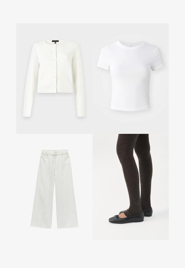 Witte langemouwen cropped cardigan met ronde halslijn en parelachtige knopen aan de voorkant op een effen achtergrond.; Effen witte cropped t-shirt met korte mouwen en ronde hals, weergegeven op een neutrale lichte achtergrond.; Hoge taille wijduitlopende witte broek met riemlussen, knoop aan de voorkant, koordsluiting en zijzakken.; Benen met donkere geribbelde leggings gecombineerd met zwarte ballerina's met kleine strikdetails op een witte achtergrond.