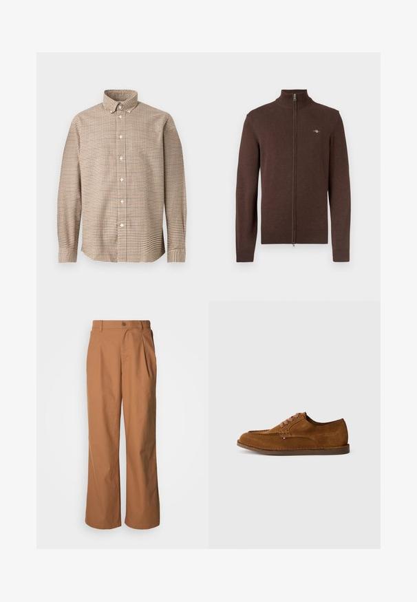 Brun lynlåstrøje med høj krave, der har ribbet manchetter og kant. Blød tekstur med en lille logo på venstre bryst.; Beige og brunternet langærmet skjorte med knap-trykkrave, vist på en ensfarvet baggrund, forfra.; Bukser med vide ben i et varmt brunt stof, med frontknaplukning, diskrete folder og en lige pasform for en afslappet komfort.; Brun ruskindsko med rundet tå, dekorative syninger og seks kontrasterende snørehuller. Flad sål og minimalistisk design.