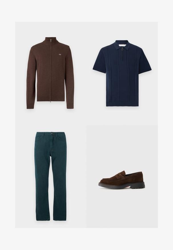 Brauner Pullover mit Reißverschluss und hohem Kragen, mit gerippten Bündchen und Saum. Weiche Textur mit kleinem Logo auf der linken Brust.; Marineblaue Strick-Poloshirt mit kurzen Ärmeln, strukturierten vertikalen Streifen und einem Frontreißverschluss mit einem runden Zuglasche.; Dunkelblaugrüne gerade Jeans mit Knopf- und Reißverschluss, Vorder- und Hintertaschen, flach auf weißem Hintergrund präsentiert.; Braune Wildleder-Loafer mit runder Zehenform, doppelter Riemen-Beschichtung und einer schwarzen Gummisohle mit strukturierten Rillen.