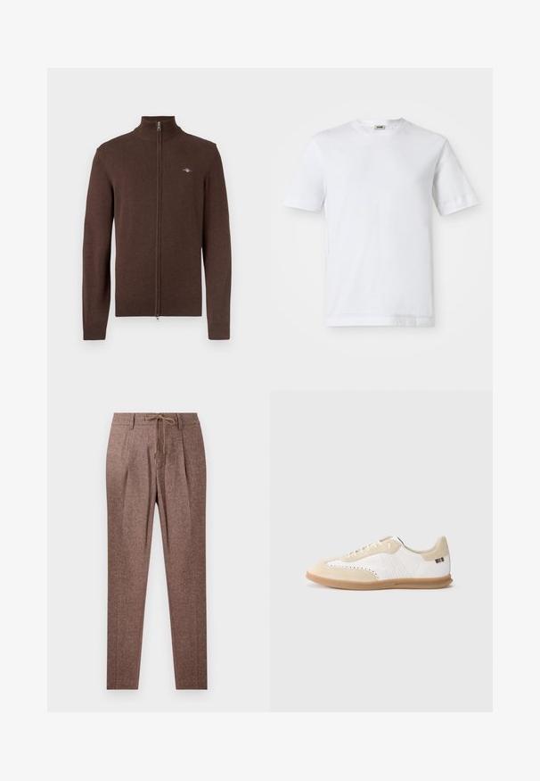 Brun lynlåstrøje med høj krave, der har ribbet manchetter og kant. Blød tekstur med en lille logo på venstre bryst.; Hvid bomulds t-shirt med korte ærmer, rund halsudskæring og en glat tekstur. Ingen mønstre eller detaljer er synlige.; Brune, strukturerede bukser med et hørmønster, der har en snøre i taljen og to frontfolder. Lige ben-design.; Hvid sneaker med lysebeige ruskindsdetaljer, perforeret detaljering, flade snørebånd og sål i gummigummi. Indeholder stribet branding på hælen.