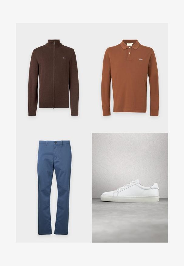 Bruin vest met rits en een hoge kraag, voorzien van geribbelde manchetten en zoom. Zachte textuur met een klein logo op de linkerborst.; Bruine lange mouwen polo gemaakt van katoen met een placket met drie knopen en een geborduurd logo op de borst. Soepele textuur.; Rechtingspantalon in blauw met riemlussen, een voorste knoop en ritssluiting, weergegeven op een effen witte achtergrond.; Witte sneaker met een gladlederen bovenwerk en een laag profiel. Voorzien van een ronde neus, zes vetergaatjes en een gestructureerde rubberen zool.