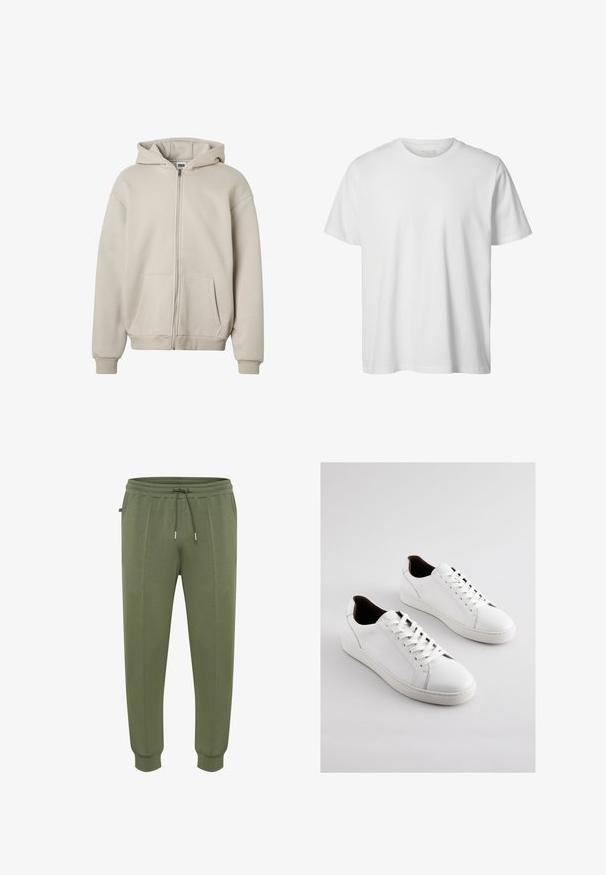 Beige lynlås-hættetrøje med forlommer, ribstrikkede manchetter og kant, samt en påsyet hætte, vist på en ensfarvet hvid baggrund.; Enkelt hvid T-shirt med korte ærmer og rund hals, løs pasform og uden synlige logoer eller designs foran.; Joggingbukser i olivengrøn lavet af blødt stof, med snøre i taljen, sidelommer og ribbestrikkede manchetter for en tæt pasform.; Hvide lædersneakers med lav profil, perforerede sider, flade snørebånd og en kontrasterende brun indvendig foring. Gummisål med tekstureret mønster.
