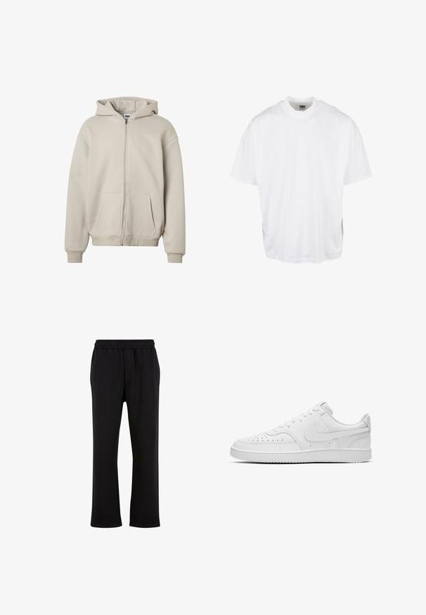 Beige lynlås-hættetrøje med forlommer, ribstrikkede manchetter og kant, samt en påsyet hætte, vist på en ensfarvet hvid baggrund.; Hvid bomulds T-shirt med en afslappet pasform, korte ærmer og rund halsudskæring, med en lige kant og ingen synlige grafikker eller mønstre.; Urban Classics Træningsbukser - black; Hvide lædersneakers i lavt design med perforeret tåboks, teksturerede sider og en glat gummisål. Har et minimalistisk design og syede detaljer.