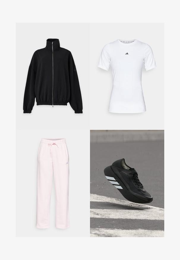 Schwarze Jacke mit Reißverschluss, hohem Kragen, langen Ärmeln, elastischen Bündchen und Saum sowie dezentem Adidas-Logo am linken Ärmel.; Weißes Sportshirt mit kurzen Ärmeln, aus glattem, dehnbarem Stoff. Mit kleinem schwarzem Adidas-Logo auf der Brust.; Helle rosa Sweatpants aus weichem Stoff, mit einem elastischen Bund und Kordelzug, geraden Beinen und einem kleinen Adidas-Logo an der Seite.; Schwarzer Laufschuh mit weißen Streifen auf der Sohle, schwebt über Asphalt mit weißen Straßenmarkierungen und wirbelt kleine Schmutzpartikel auf.