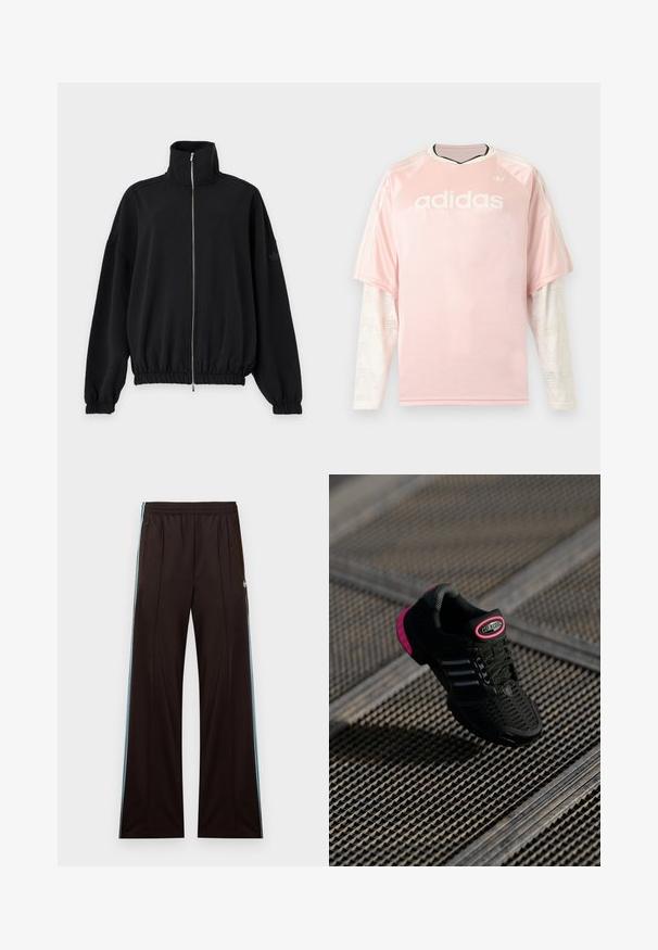 Chaqueta negra con cremallera, cuello alto, mangas largas, puños y bajo elásticos, y un discreto logotipo de Adidas en la manga izquierda.; Camiseta de manga larga Adidas de color rosa claro con mangas de malla blanca con patrón y logo de Adidas en el pecho sobre un fondo gris.; Pantalones de chándal negros de pierna ancha con franjas laterales azul claro, cintura elástica, bolsillos con cremallera y logo de Adidas en la cadera izquierda.; Zapatilla deportiva negra con parte superior de malla, acentos en rosa y detalles en negro a rayas. Presenta una suela con textura y una etiqueta de logo en el talón.