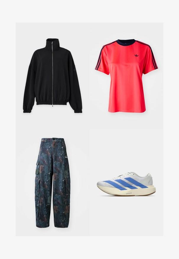 Schwarze Jacke mit Reißverschluss, hohem Kragen, langen Ärmeln, elastischen Bündchen und Saum sowie dezentem Adidas-Logo am linken Ärmel.; Rotes sportliches T-Shirt mit kurzen Ärmeln, das von vertikalen Streifen, einem marineblauen Rundhalsausschnitt und einem kleinen schwarzen Logo auf der Vorderseite geprägt ist.; Tarnfarben Cargo-Hosen in Dunkelgrün und Braun, mit mehreren Taschen und lockerer Passform, aus leichtem, strapazierfähigem Stoff.; Weiße Sportschuhe mit blauen Streifen, strukturiertem Obermaterial, flacher Sohle und "LIGHTSTRIKE PRO" Branding an der Seite. Niedrigprofilla Design.