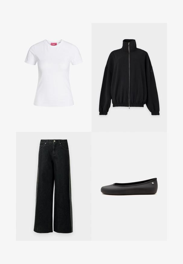 Zwart jack met ritssluiting, hoge kraag, lange mouwen, elastische manchetten en zoom, en subtiel Adidas-logo op de linkermouw.; Witte, nauwsluitende T-shirt met korte mouwen en ronde hals, met een roze JJXX-label aan de binnenkant van de kraag, afgebeeld tegen een effen achtergrond.; Zwarte denim jeans met wijde pijpen, zijstrepen, voorzakken, lussen voor een riem en een metalen knoopsluiting in de taille.; Zwarte platte ballerinaschoen met afgeronde neus en klein zilverkleurig logo aan de hielzijde, afgebeeld op een effen witte achtergrond.