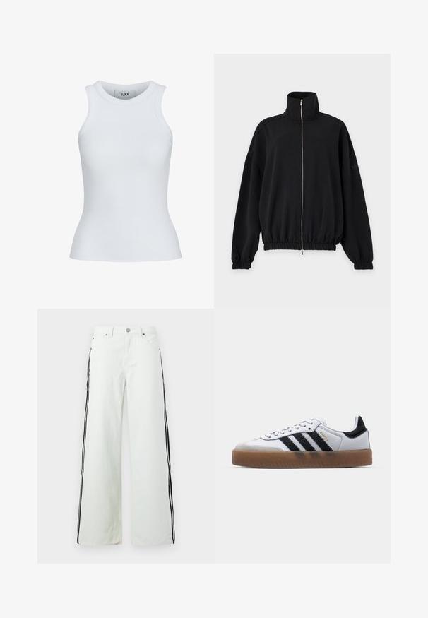 Čierna bunda na zips s vysokým golierom, dlhými rukávmi, elastickými manžetami a lemom a nenápadným logom Adidas na ľavom rukáve.; Biely rebrovaný tielko s okrúhlym výstrihom a bezrukávovým dizajnom. Vyznačuje sa priliehavým strihom a mäkkou textúrou, ideálne na vrstvenie.; Džínsy s rozšírenými nohavicami v svetlozelenom denime s čiernymi pruhmi na bokoch. Dizajn s piatimi vreckami, kovovým príslušenstvom a zapínaním na gombík v páse.; Biele kožené tenisky s čiernymi pruhmi, gumová podrážka, okrúhla špička, šnurovanie a mäkký sivý semišový špička.
