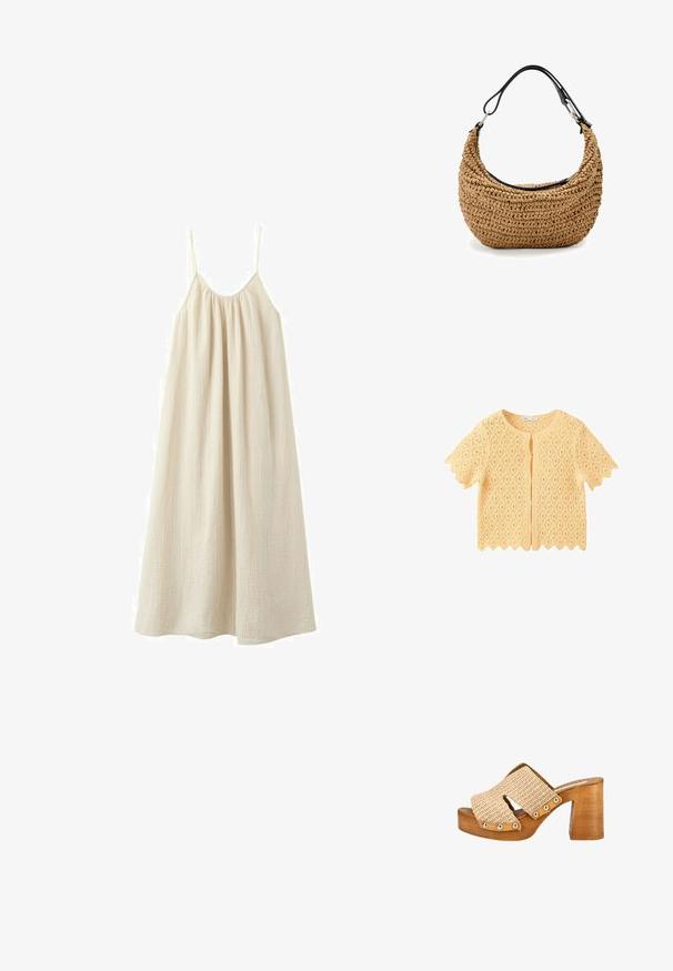Cardigan jaune à manches courtes en crochet avec motif floral, bords festonnés et col rond, présenté à plat sans boutons fermés.; Robe maxi beige ample et sans manches, avec fines bretelles spaghetti et encolure froncée, confectionnée dans un tissu léger texturé.; Mule tressée beige avec talon plateforme en bois et accents de clous dorés le long de la garniture en cuir.; Sac à main en paille tissée beige à silhouette courbée, doté d'une bandoulière en cuir noir et d'accents métalliques argentés. Finition texturée.