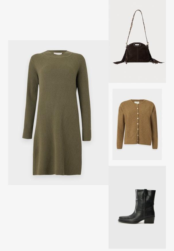 Brun langærmet uldcardigan med rund hals og hvide knapper foran, vist på en ensfarvet lys baggrund.; CLOSED CREW NECK DRESS LONG SLEEVE - Strikkjoler - forest green; Sort læder ankelstøvle med rundt tå, blokhæl, lynlås i siden og stikninger på vampsiden. Glat tekstur, klassisk design.; Mørkebrun ruskindshåndtaske med top håndtag udskæring, lang justerbar rem med gyldne knapdetaljer og lange frynsetofs på begge sider.