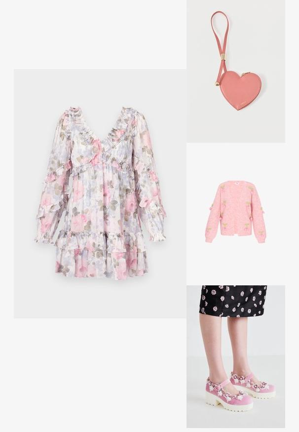Roze gebreide cardigan met een V-hals, lange mouwen en geborduurde kersmotieven met groene bladeren. Zachte textuur en relaxte pasvorm.; Bloemenjurk met roze en grijze rozen op een lichte achtergrond. Heeft een geplooide halslijn en mouwen, en een gelaagde, gefronste zoom.; Roze fluwelen Mary Jane-schoenen met witte platformzolen, versierd met bloemapplicaties en kantdetails rondom de opening en de enkelband.; Roze leren muntportemonnee in hartvorm met polsbandje en gouden rits, gebrandmerkt met kleine gouden tekst "Furla".