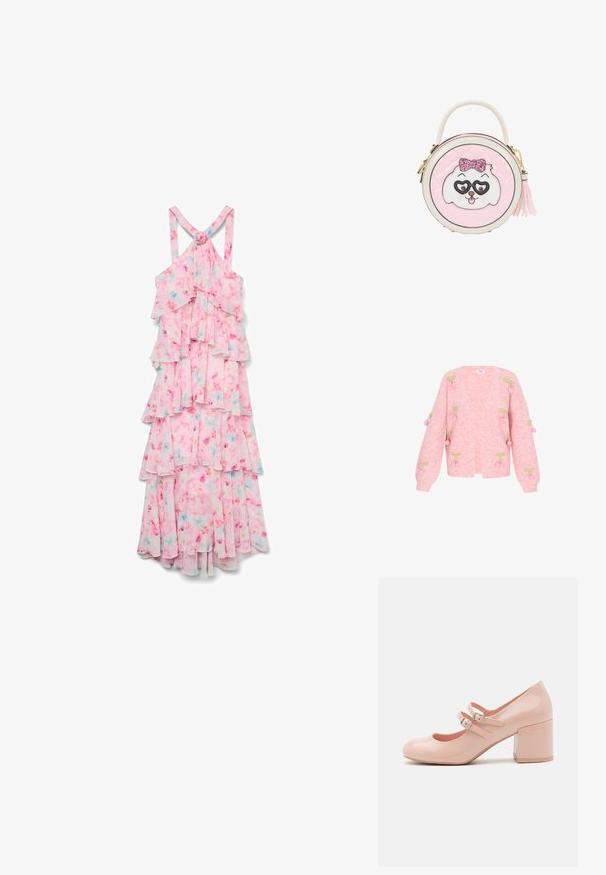 Rosa strikket cardigan med V-hals, lange ærmer og broderede kirsebærmotiver med grønne blade. Blød tekstur og afslappet pasform.; Vero Moda VMFELICIA SL RUFFLE MAXI DRESS EXP - Maxikjoler - pink tulle; Lyserøde patentlæder højhælede sko med rund tå, to justerbare spænder og en kraftig, gennemsigtig blokhæl.; Rund lyserød håndtaske med hvidt og lyserødt hundefjæs med glitrende sløjfe og hjerteformede briller, et topgreb og en sidekvast lynlås træk.