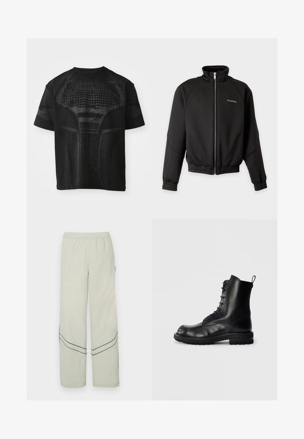 Sort lynlåstrøje med høj krave, elastiske ærmegab og kant, med lille hvid tekst på venstre bryst, der læser "HAN KJØBENHAVN."; Sort sport T-shirt med korte ærmer og struktureret mønster samt diskret "MISBHV SPORT" tekst på fronten.; Lysegrønne løstsiddende bukser med elastik i taljen, prydet med mørkegrønne diagonale striber og et enkelt design. Glat, letvægtsstof.; Sort læder snørestøvle med tykk sål og trækflig bagpå, vist fra siden på en ensartet lyse baggrund.