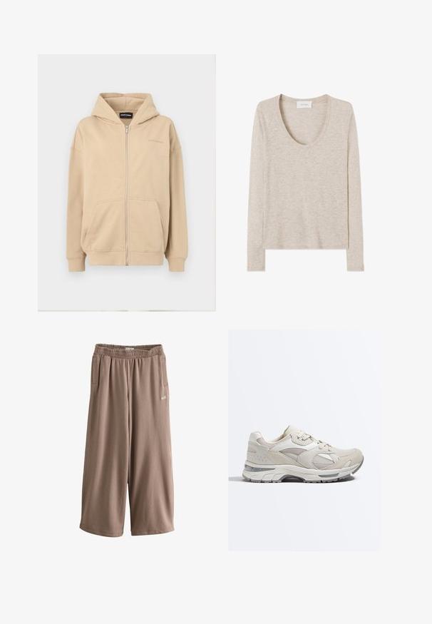 Beige lynlås hættejakke med hætte, frontlommer og ribbede manchetter. Lavet af blødt stof, har en diskret logo på brystet.; Beige langærmet let strikket top med rund hals og lige kant, vist fladt på en hvid baggrund.; Taupe vidde, cropped sweatpants med elastisk talje, sidelommer og lille hvid "self." logo på venstre lår.; Beige og hvid sportssneaker med mesh- og ruskindspaneler, snørelukning og tyk polstret sål med gråt mønster.