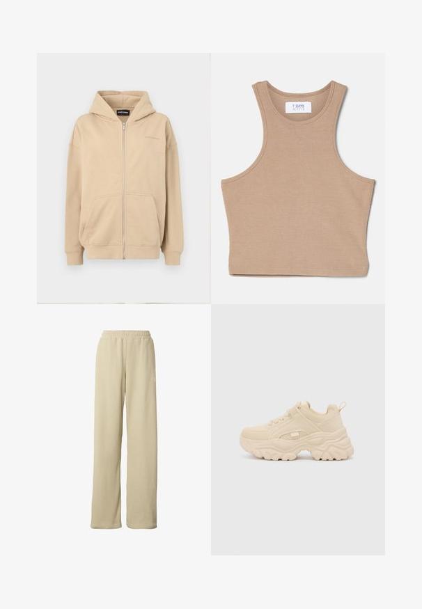 Beige Kapuzenpullover mit Reißverschluss, Fronttaschen und gerippten Bündchen. Hergestellt aus weichem Stoff, mit einem dezenten Logo auf der Brust.; 7 DAYS Active CROPPED - Top - mountain trail; Beige gerippte Hosen mit weitem Bein, elastischem Bund und dezentem kleinem weißen Logo am oberen Oberschenkel.; Buffalo GALACTICA - Sneaker low - cream