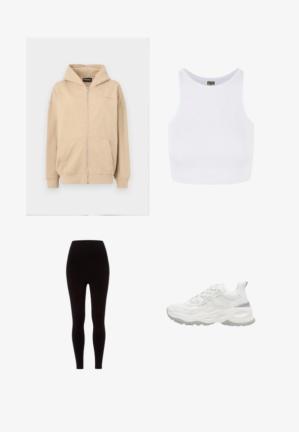 Beige rits hoodie met een capuchon, voorzakken en geribbelde manchetten. Gemaakt van zachte stof, met een subtiele logo op de borst.; Witte geribbelde crop tanktop met brede schouderbanden en een ronde halslijn. Beschikt over een zachte textuur en een minimalistisch ontwerp zonder patronen.; Zwarte leggings van rekbaar materiaal, met een hoge taille, een gladde textuur en een aansluitend ontwerp, zonder enige patronen of versieringen.; Witte chunky sneaker met een gestructureerde zool, mesh en leren bovenwerk, vetersluiting en trekkoord aan de hiel tegen een witte achtergrond.