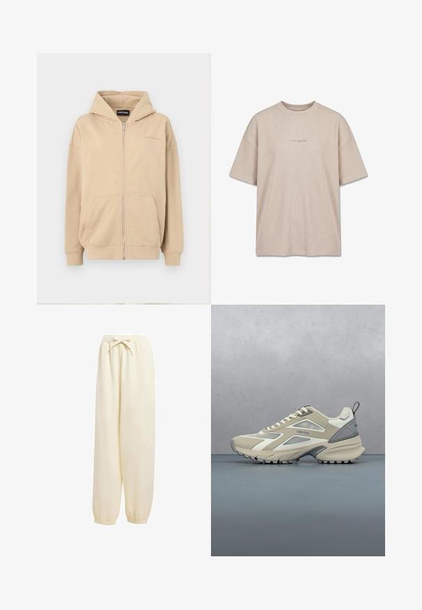 Beige Kapuzenpullover mit Reißverschluss, Fronttaschen und gerippten Bündchen. Hergestellt aus weichem Stoff, mit einem dezenten Logo auf der Brust.; Beiges, geripptes T-Shirt mit kurzen Ärmeln, Rundhalsausschnitt und kleinem, gesticktem Schriftzug „PEGADOR“ in der Mitte der Brust.; Beige, locker sitzende Sweatpants aus weichem Material. Sie verfügen über einen elastischen Bund mit Kordelzug und elastische Bündchen an den Knöcheln.; Beiger und grauer Sportschuh mit strukturierter Sohle, Schnürsenkeln und Calvin Klein-Logo, der über einer Außenfläche aus Holz- und Kiesfliesen platziert ist.
