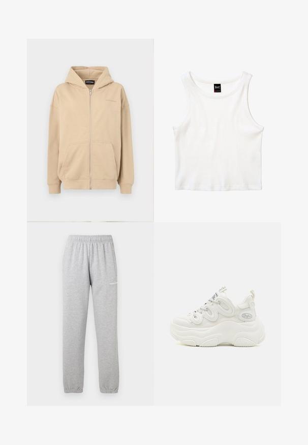 Beige Kapuzenpullover mit Reißverschluss, Fronttaschen und gerippten Bündchen. Hergestellt aus weichem Stoff, mit einem dezenten Logo auf der Brust.; Weißes, geripptes ärmelloses Crop-Top mit rundem Ausschnitt und kleinem schwarzem Label in der Mitte des Rückenkollars.; Graue Sweatpants aus weichem Material, mit einem elastischen Bund, Bündchen an den Knöcheln und einer Seitentasche. Logo auf dem linken Oberschenkel aufgedruckt.; Weiße klobige Sneaker mit einem Obermaterial aus Mesh und Synthetik, geschwungener Form, strukturiertem Absatz und einem auffälligen Schnürsystem mit Logodetails.