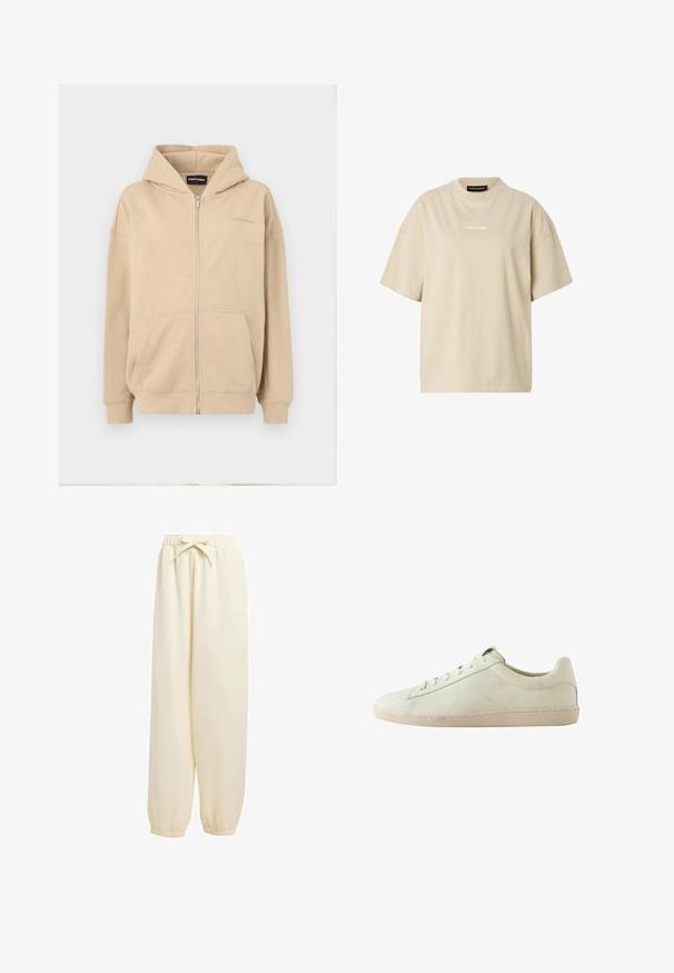 Beige lynlås hættejakke med hætte, frontlommer og ribbede manchetter. Lavet af blødt stof, har en diskret logo på brystet.; Beige oversized T-shirt med korte ærmer, rund hals og lille hvid "REGARD"-logo centreret på brystet.; Beige, løstsiddende sweatpants lavet af blødt materiale. Har en elastisk talje med snoretræk og elastiske manchetter ved anklerne.; Lavskaftet hvid lædersneakers med tekstureret overflade, snørelukning og en beige gummisål, vist fra siden på en hvid baggrund.