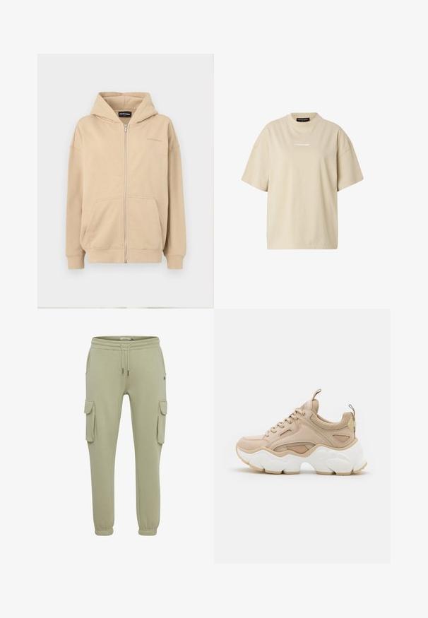 Beige rits hoodie met een capuchon, voorzakken en geribbelde manchetten. Gemaakt van zachte stof, met een subtiele logo op de borst.; Beige oversized T-shirt met korte mouwen, ronde hals en een klein wit "REGARD" logo in het midden van de borst.; Lichtgroene cargobroeken van zacht stof, met zijzakken, elastische manchetten en een koordje in de taille voor een verstelbare pasvorm.; Beige sneaker met een combinatie van gladde en gestructureerde materialen, een chunky witte zool en mesh accenten voor ademend vermogen.