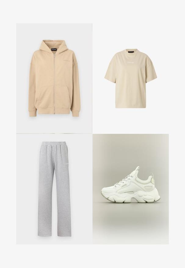 Sudadera con cremallera en color beige, con capucha, bolsillos frontales y puños de canalé. Hecha de una tela suave, presenta un sutil logo en el pecho.; Camiseta beige de manga corta oversize con cuello redondo y pequeño logo blanco "REGARD" centrado en el pecho.; Pantalones de chándal gris claro con cinturilla elástica, diseño de pierna recta y un pequeño logo blanco en el muslo izquierdo. Tejido suave y texturizado.; Zapatilla blanca gruesa con suela texturizada gruesa, parte superior de malla y cuero, cierre de cordones y lengüetas en la lengüeta y el talón.