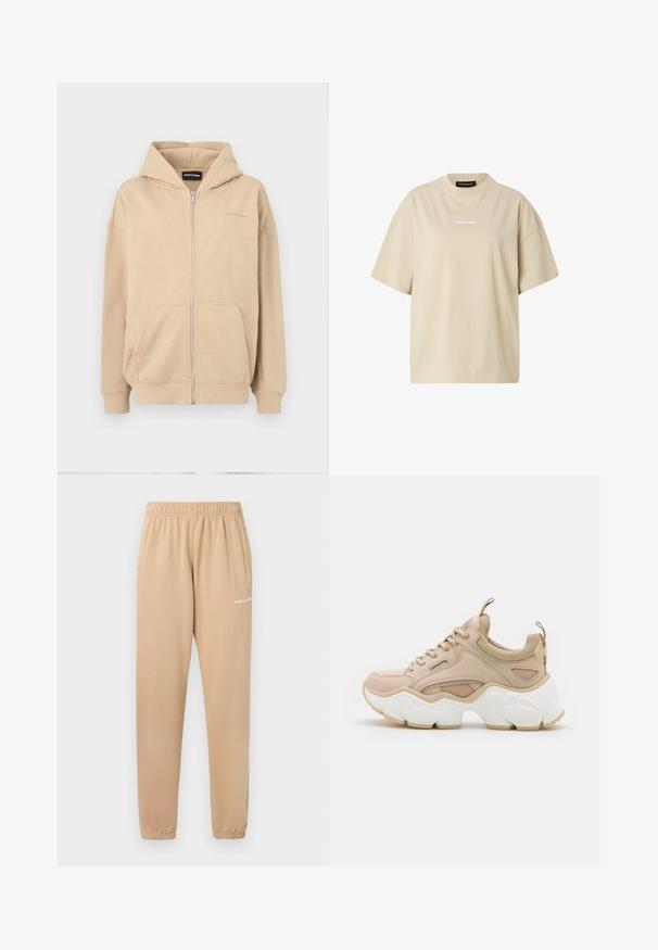Beige lynlås hættejakke med hætte, frontlommer og ribbede manchetter. Lavet af blødt stof, har en diskret logo på brystet.; Beige oversized T-shirt med korte ærmer, rund hals og lille hvid "REGARD"-logo centreret på brystet.; Beige sweatpants med elastisk talje, tapered ben og sidelommer. Har lille hvid tekst "PEGADOR" på venstre lår.; Beige sneakers med en blanding af glatte og teksturerede materialer, en kraftig hvid sål og mesh-detaljer for åndbarhed.
