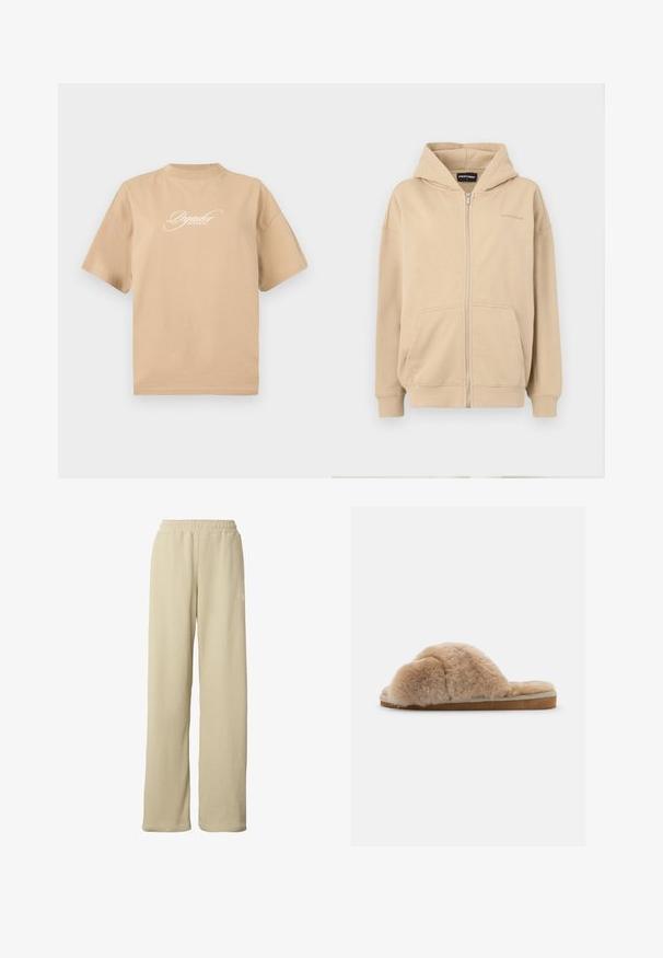 Beige Kapuzenpullover mit Reißverschluss, Fronttaschen und gerippten Bündchen. Hergestellt aus weichem Stoff, mit einem dezenten Logo auf der Brust.; Beige Baumwoll-T-Shirt mit kurzen Ärmeln, rundem Halsausschnitt und weißem, geschwungenem Text auf der Vorderseite mit der Aufschrift "Pegador Dreams Come True."; Beige gerippte Hosen mit weitem Bein, elastischem Bund und dezentem kleinem weißen Logo am oberen Oberschenkel.; Flauschiger beiger Hausschuh mit weicher Textur, offener Ferse und Innenfutter. Flache Sohle mit einem hellbraunen Fußbett und beigen Nähten.