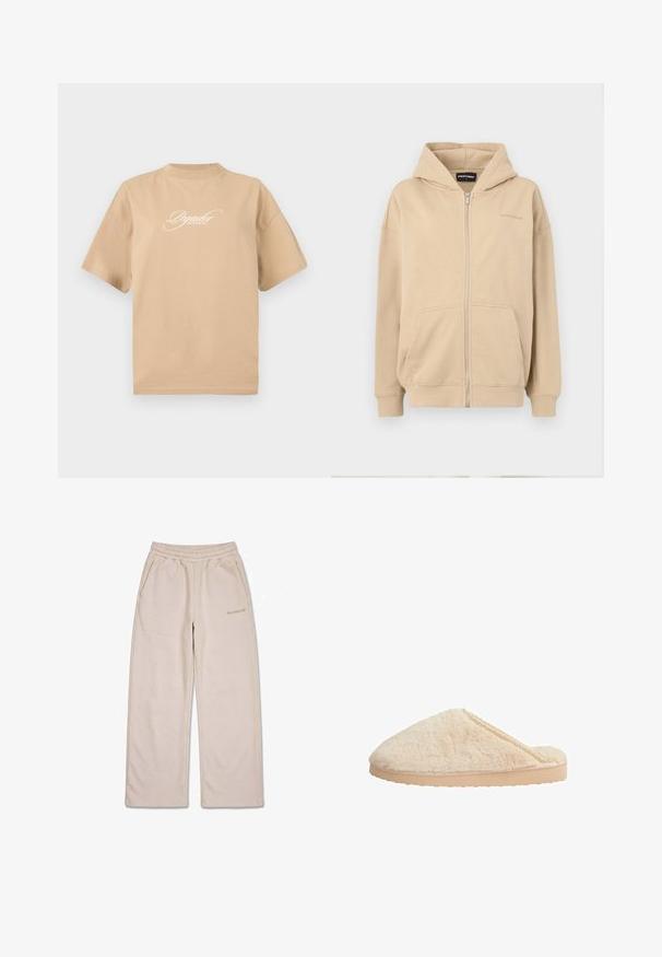 Beige lynlås hættejakke med hætte, frontlommer og ribbede manchetter. Lavet af blødt stof, har en diskret logo på brystet.; Beige bomulds t-shirt med korte ærmer, rund halsudskæring og hvid skråskrift på fronten, der står "Pegador Dreams Come True."; Beige vidbenede sweatpants med elastisk talje og sidelommer, med en lille broderet brandlogo på højre lår.; Beige pelslippers med en rund form, tekstureret overflade og en flad, lys farvet gummisål. Har en delikat blondeaccent langs kanten.