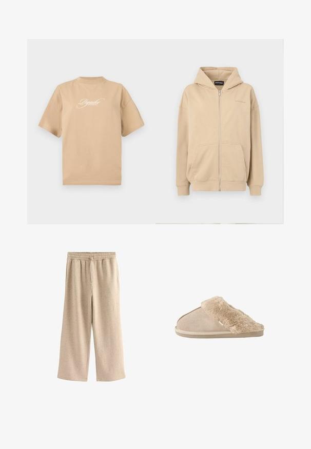 Beige lynlås hættejakke med hætte, frontlommer og ribbede manchetter. Lavet af blødt stof, har en diskret logo på brystet.; Beige bomulds t-shirt med korte ærmer, rund halsudskæring og hvid skråskrift på fronten, der står "Pegador Dreams Come True."; Beige vide benbukser lavet af blødt stof, med en elastisk talje og snor, og en diskret prikket tekstur hele vejen igennem.; Beige slip-on tøfler med blødt ruskind yderside og blødt, fluffy inderfor og manchet, designet til komfort indendørs.