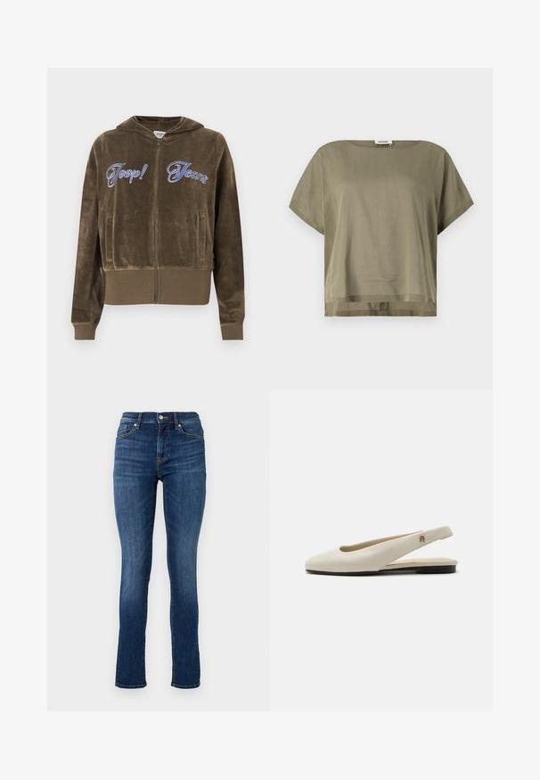 Bruine velours zip-up hoodie met voorzakken, geribbelde boorden en zoom, en blauwe geborduurde tekst "Joop! Jeans" op de borst.; Olivengroene, korteblousetop gemaakt van lichtgewicht stof, met een losvallende pasvorm en een rechte zoom. Minimalistisch ontwerp met een ronde halslijn.; Donkerblauwe skinny jeans van denim, met een standaard tailleband, zijzakken en subtiele stikseldetails.; Crèmekleurige leren slingback platte schoen met ronde neus en klein gouden embleem op het bandje.