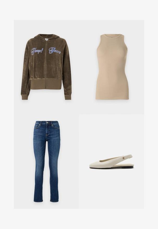 Pruun veluurist lukuga dressipluus esitaskute, soonikkoes varrukate ja äärega ning sinise tikkitud "Joop! Jeans" tekstiga rinnal.; Replay Topp - stone ivory; Tumedad sinised kitsad teksad, mis on tehtud denimist, omavad standardset vööd, esi-taskuid ja delikaatseid õmblusestikusid.; Kreemikas nahast slingback-tasapinnaline king, millel on ümar ninaosa ja väike kuldne embleem rihmal.