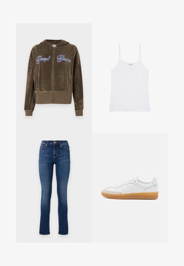 Brun velour hættejakke med lynlås, forlommer, ribstrikkede manchetter og kant samt blå broderet "Joop! Jeans" tekst på brystet.; Hvid Calvin Klein dame top med tynde skulderstropper og enkelt, tætsiddende design.; Mørkeblå skinny jeans lavet af denim, med en standard talje, frontlommer og diskrete syninger.; Hvide lædersneakers med beige ruskindsdetaljer, gummisål og snøredesign. Har diskret branding i guld.