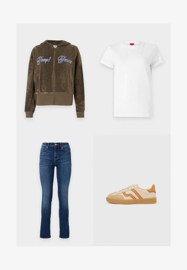 Hnedá zamatová mikina na zips s prednými vreckami, rebrovanými manžetami a lemom, a modrým vyšívaným nápisom "Joop! Jeans" na hrudi.; Biela krátka tričko s krátkym rukávom vyrobené z ľahkej bavlny. Má okrúhly výstrih a zamotané rukávy. Červená logo nálepka na golieri.; Tmavomodré úzke džínsy vyrobené z denimu, s klasickým pásom, prednými vreckami a jemnými detailmi šitia.; Béžová teniska s hnedým semišovým špičkou, pruhmi z hnedej kože, gumovou podrážkou a šnurovacím dizajnom, bočný pohľad na bielom pozadí.