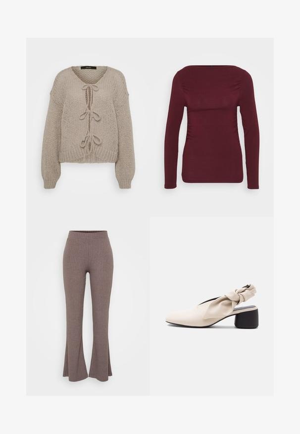 Beige Strickjacke mit V-Ausschnitt, mit vornem Bindeband, langen Ärmeln und gerippten Bündchen. Weiche Textur und gemütliches Design.; Burgunderfarbenes Langarmtop aus weichem Stoff mit quadratischem Ausschnitt und seitlichem Raffung für eine figurbetonte Passform. Glatte Textur ohne Muster.; Braune gerippte Schlaghosen mit einem hohen, dehnbaren Bund und einer weichen Textur, die ein dezentes vertikales Muster aufweisen.; Beiger Damenschuh mit niedrigem Absatz, spitz zulaufender Spitze und verdrehtem Riemendetail über dem Spann und der Ferse.