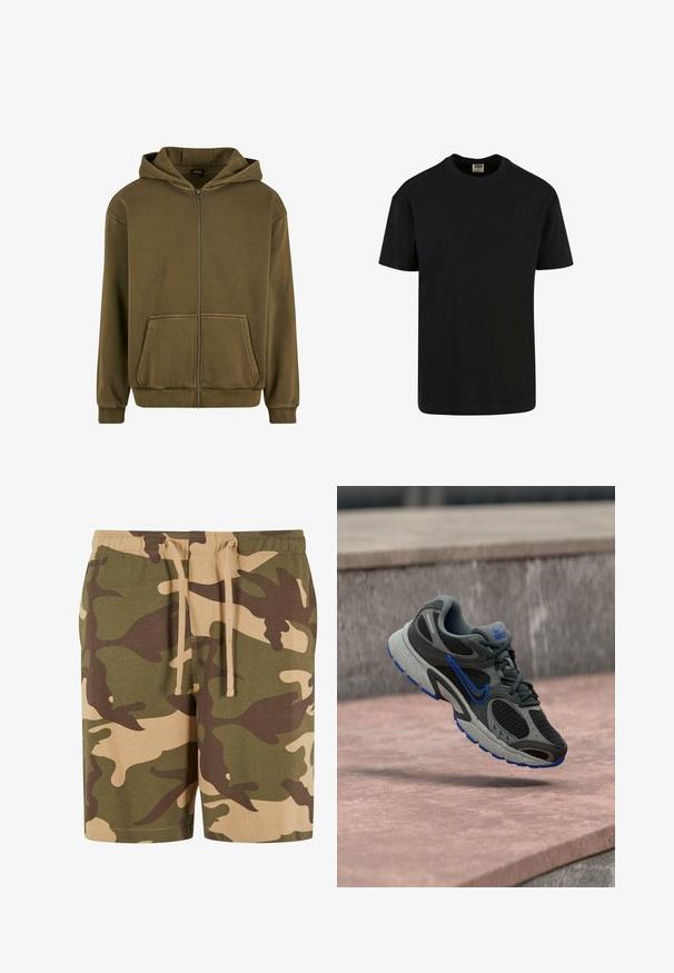 Urban Classics VINTAGE - Lukuga pusa - warmkhaki; Urban Classics SHORTSLEEVE - Lihtne T-särk - black; Kangri lühikesed püksid puuvillase seguga, millel on roheline, pruun ja beež muster. Omab elastset vöökohta koos nööriga. Mitteformaalne lõige ja põlveni ulatuv disain.; Hall ja must Nike jooksujalats siniste aktsentidega hõljumas kivist astmete kohal õues.