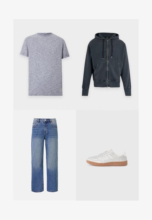 Sweat à capuche zippé gris foncé avec poches avant, capuche à cordon et poignets côtelés, présenté sur un fond blanc.; T-shirt à manches courtes col rond avec fines rayures horizontales bleu marine et blanches et une petite étiquette rectangulaire près de l’ourlet.; Jeans en denim bleu clair à jambes larges avec un motif délavé, cinq poches et une fermeture à glissière. Comprend un bouton et des passants de ceinture à la taille.; Baskets argentées avec une texture lisse, un design à lacets, des accents perforés et une semelle en caoutchouc marron texturé.
