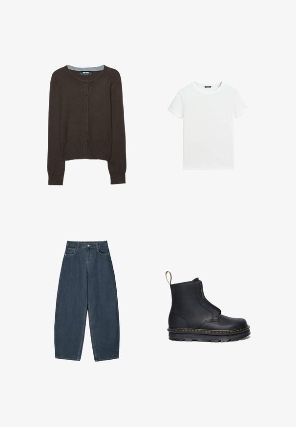 Brun strikket cardigan med lange ærmer, rund halsudskæring og knaplukning. Har en kontrasterende grå indvendig halsudskæring og ribstrikkede manchetter.; Almindelig hvid T-shirt med korte ærmer, rund halsudskæring og lille sort label inden i kraven.; Mørkeblå denim buede bukser med høj talje, som har fem lommer og synlige stingdetaljer. Ren, minimalistik design.; Sort læder ankelstøvle med elastiske sidepaneler, rund tå, kontrasterende gul syning og en kraftig gummisål.