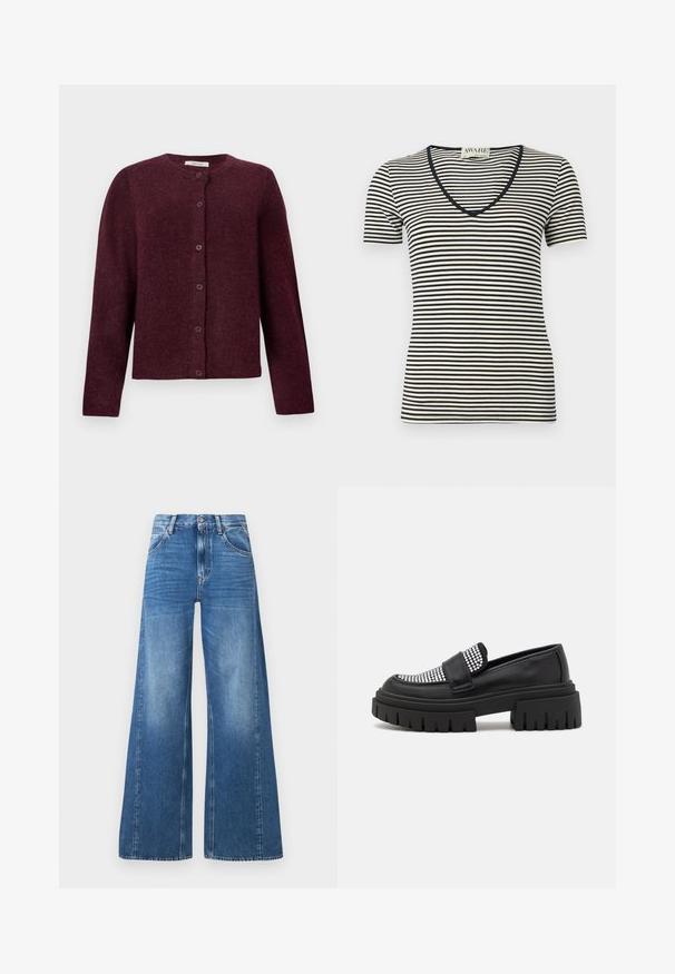 Cárdigan burdeos hecho de una tela suave, con mangas largas, un cuello redondo y seis botones en la parte delantera.; Camiseta de mangas cortas a rayas negras y crema con escote en V, hecha de un material suave. Presenta finas rayas horizontales y una forma ajustada.; Vaqueros de mezclilla azul de pierna ancha con cintura alta, que cuentan con bolsillos frontales y un aspecto desgastado, fabricados en algodón con una textura suave.; Mocasines negros con parte superior con tachuelas, que presentan una suela de plataforma gruesa y textura estriada. Material de cuero suave y diseño sin hebillas.
