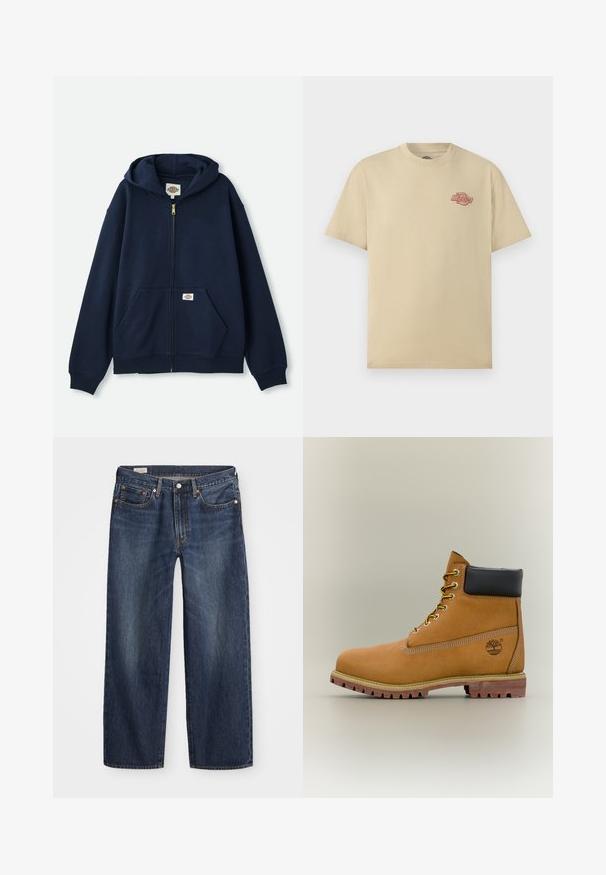 Sudadera con cremallera en color navy, hecha de una tela suave, que cuenta con una capucha con cordón, bolsillos delanteros tipo canguro y puños acanalados. Detalles en cremallera dorada.; Camiseta beige de manga corta y cuello redondo con pequeño logo rojo de "Dickies" en el pecho izquierdo.; Jeans de mezclilla azul oscuro con corte recto, diseño de cinco bolsillos, cierre de botón metálico y cremallera, y patrones sutiles de desgaste.; Bota de tobillo de cuero marrón con cuello negro, cordones amarillos y suela beige. Presenta un logotipo y detalles de costura blanca. Suela exterior con tracción robusta.