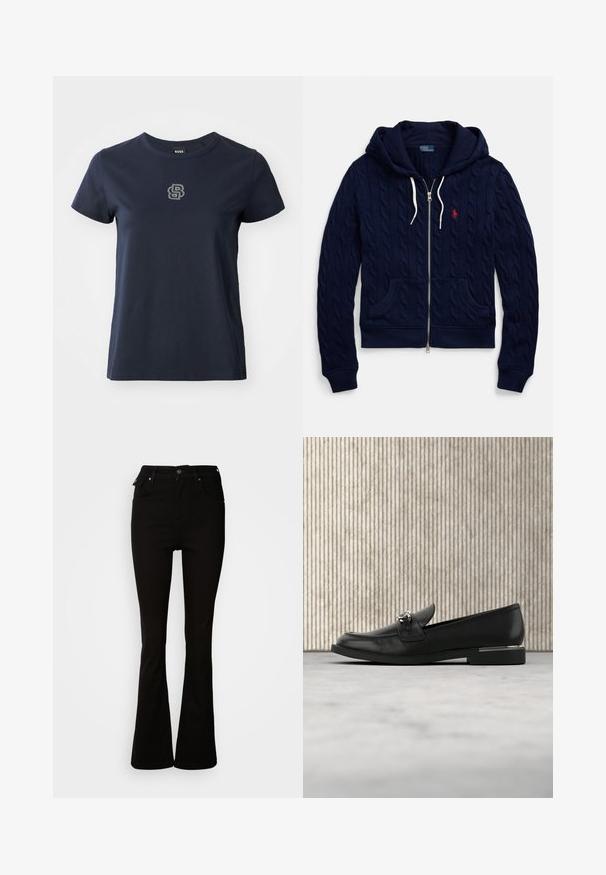 Sudadera con capucha con cremallera de punto de cable en azul marino, con cordones, bolsillos delanteros y logo Polo Ralph Lauren bordado en rojo en el pecho izquierdo.; Camiseta de algodón azul marino con mangas cortas, escote redondeado y un pequeño logo de strass en la parte izquierda del pecho.; Jeans acampanados negros de denim, con una cintura alta, bolsillos frontales y un diseño clásico de cinco bolsillos con acentos de metal.; Los mocasines de cuero negro presentan una puntera redondeada, una suela plana y un acento metálico en la correa. El zapato tiene una textura suave y un acabado pulido.