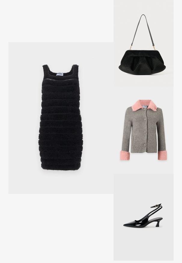 Veste en laine grise avec grand col et poignets en fausse fourrure rose, boutons sur le devant et poches latérales.; Robe noire cintrée sans manches avec des rayures horizontales texturées et duveteuses et un décolleté carré, étiquetée Moschino.; Escarpins à brides arrière en cuir verni noir, à bout pointu, avec un petit talon carré et une sangle de cheville ajustable dotée d'une boucle dorée.; Sac à main noir texturé avec une finition en fausse fourrure douce. Présente un design froncé, un fond plat et une sangle en cuir mince et réglable. Accents en matériel doré.