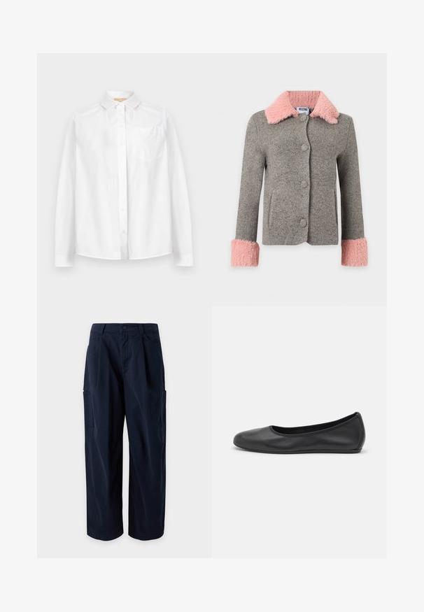 Veste en laine grise avec grand col et poignets en fausse fourrure rose, boutons sur le devant et poches latérales.; Chemise blanche à manches longues, boutonnée, avec col et poche poitrine, présentée sur un fond clair uni.; Pantalon cargo bleu marine à jambes larges, passants de ceinture, fermeture à l'avant, poches latérales et deux grandes poches sur les cuisses, exposé sur un fond uni.; Ballerines en cuir noir avec un bout rond, texture lisse, détails de couture minimalistes et design de semelle flexible.