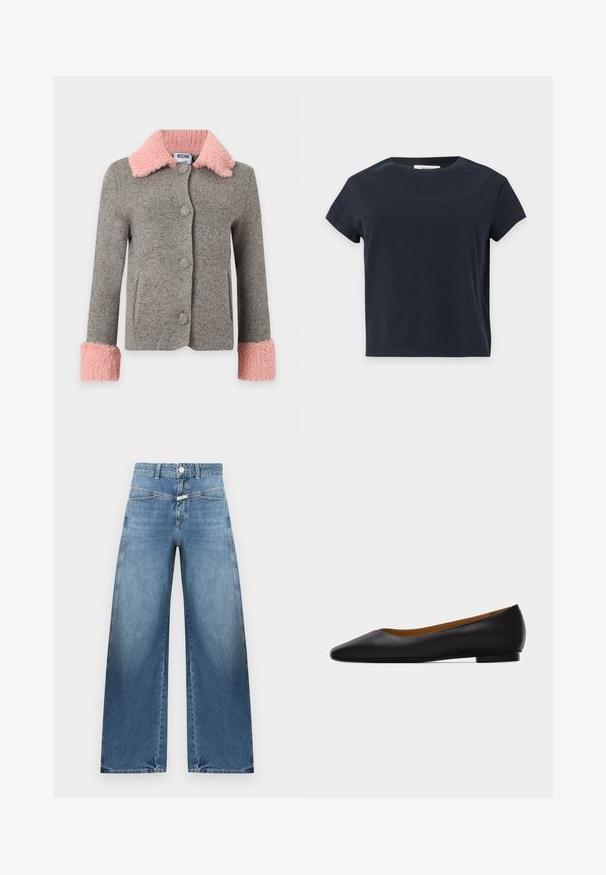 Veste en laine grise avec grand col et poignets en fausse fourrure rose, boutons sur le devant et poches latérales.; T-shirt noir uni à manches courtes et col rond avec un ourlet droit sur un fond gris clair.; Jean bleu taille haute à jambes larges avec fermeture à bouton et fermeture éclair à l'avant, poches avant et passants pour ceinture sur un fond uni.; Chaussure plate en cuir noir à bout pointu avec talon bas et finition lisse, vue de côté sur un fond gris clair.