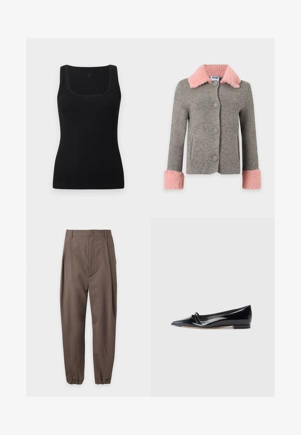Veste en laine grise avec grand col et poignets en fausse fourrure rose, boutons sur le devant et poches latérales.; Débardeur noir moulant en tissu lisse, doté d'un décolleté carré et de larges bretelles ; sans motifs ni accents visibles.; Pantalon marron sur mesure avec plis, passants pour ceinture et poignets élastiqués, présenté sur fond blanc.; Chaussure plate en cuir verni noir avec un bout pointu, une petite lanière décorative et un petit talon carré. Texture lisse et design épuré.