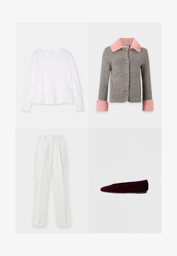 Veste en laine grise avec grand col et poignets en fausse fourrure rose, boutons sur le devant et poches latérales.; Chemise blanche à manches longues, en tissu doux, avec un col rond, une coupe décontractée et des fentes sur les côtés à l'ourlet pour faciliter les mouvements.; Pantalons blancs taille haute en tissu lisse, à jambe droite, avec un devant plissé et des poches latérales.; Ballerines en velours bordeaux avec un bout arrondi et un talon bas, présentant une texture lisse et un design élégant.