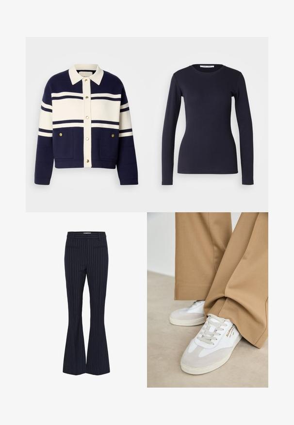 Marineblauwe en witte gestreepte jas, met een kraaghalslijn, gouden knoopsluitingen en twee details met voorzakken, gemaakt van een gestructureerde stof.; Marineblauwe lange mouwen T-shirt van zachte katoen. Heeft een ronde hals, aansluitende pasvorm en geribbelde textuur. Eenvoudig en effen kleurontwerp.; Marineblauwe krijtstreep flared broeken met twee voorkoektassen, op maat gemaakte ontwerp en een soepele, gestructureerde stof. Geaccentueerd met smalle blauwe strepen.; Witte sneakers met suède accenten, gestructureerde veters en een rubberen zool. Gecombineerd met losse beige broek. Logo zichtbaar aan de zijkant.
