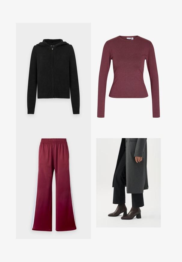 Zwarte hoodie met ritssluiting, een textuurgebreid patroon, capuchon en geribbelde manchetten en zoom. Heeft een modern, aangesloten silhouet.; Langärmige aansluitende top in effen donker mauve met ronde halslijn zonder patronen of versieringen.; Bordeauxrode relaxed-fit broek met een elastische tailleband, voorzien van witte zijstrepen en een gladde stoftextuur. Wijd beenontwerp.; Hogehakige enkellaarsjes van donkerbruin leer met een spitse neus en blokhak, gecombineerd met zwarte broeken en een grijze jas.